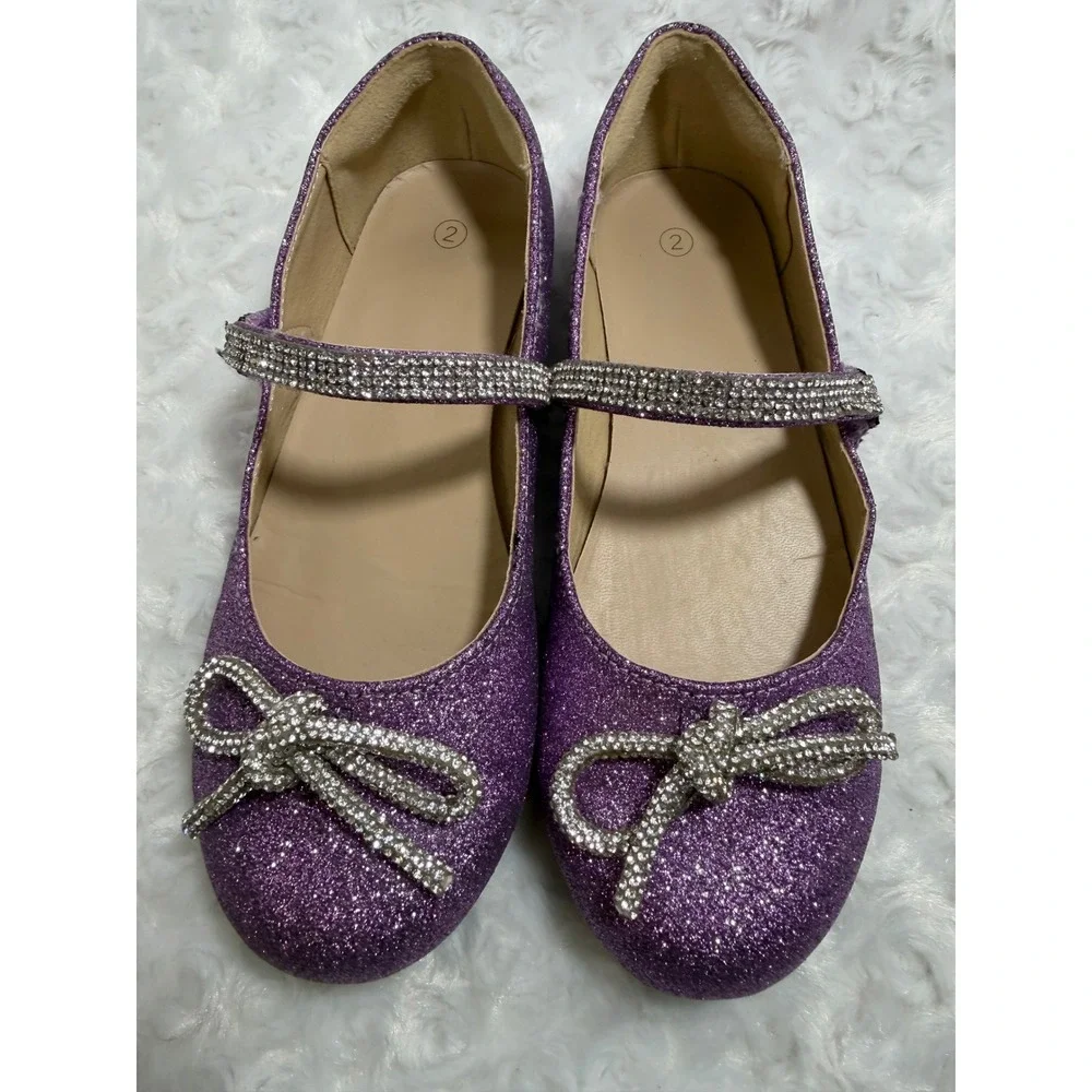 Girls Purple Glitter Rhinestone Bow Mary Jane Dress Flat Shoes‎ Size 2